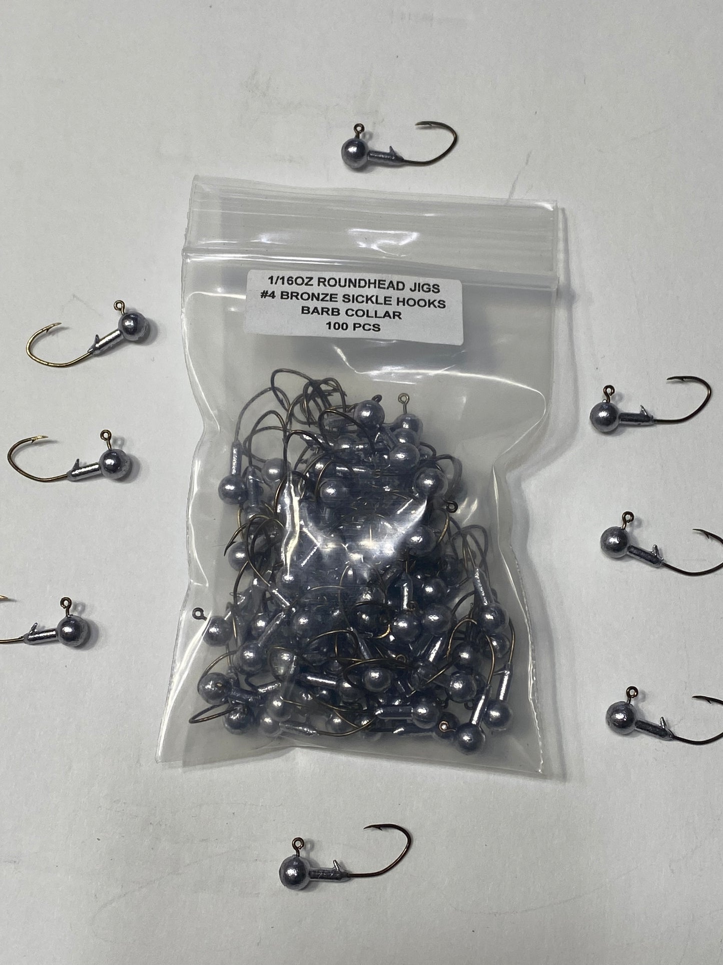 1/16oz Roundhead jig barb collar and #4 bronze sickle hook 100 pcs