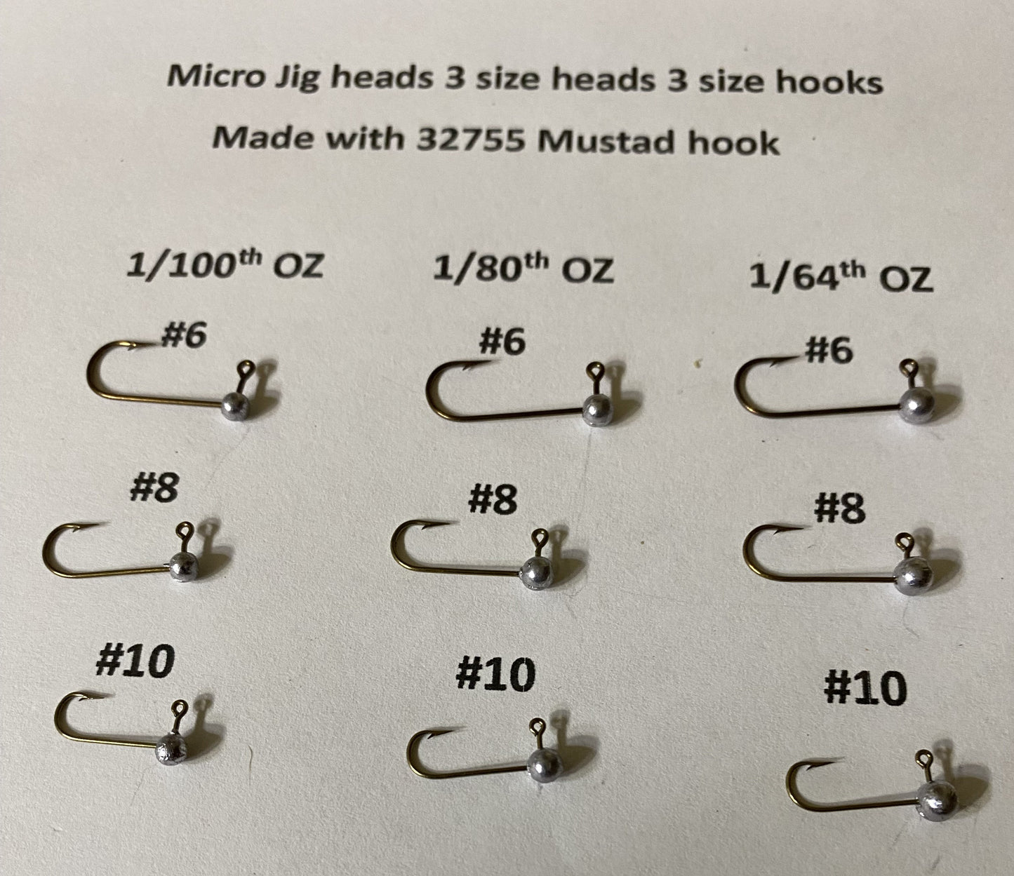 Micro Round Head jigs 1/64oz, 1/80oz and 1/100oz 3 different size Mustad hooks