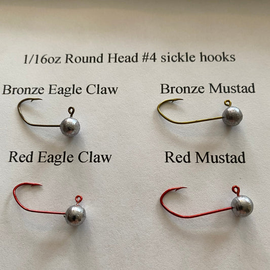 1/16oz Roundhead jig with no collar Eagle Claw or Mustad with #4 bronze or red sickle hook 100 pcs