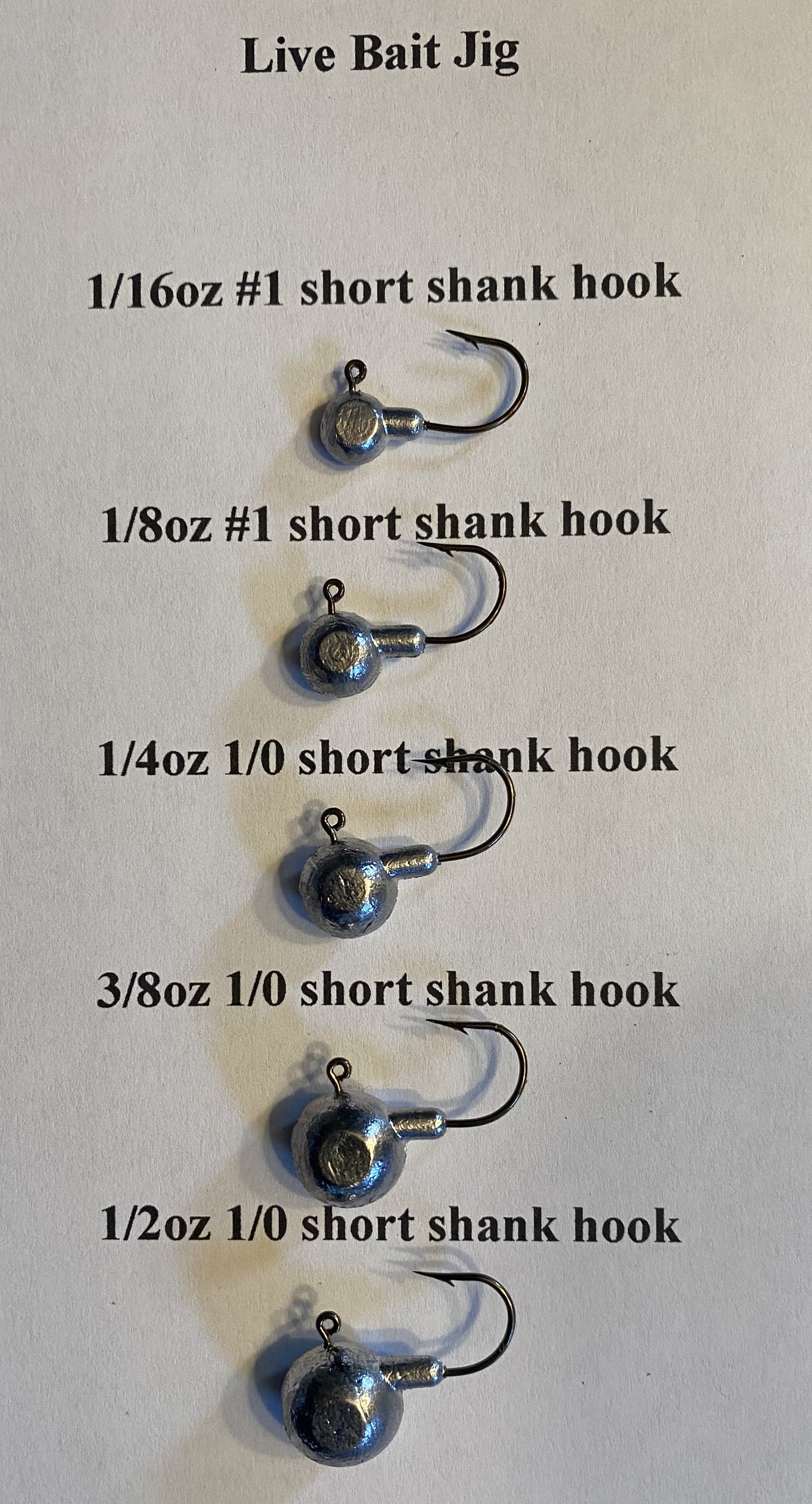 1/16oz, 1/8oz, 1/4oz, 3/8oz or 1/2oz Live Bait Jig Heads with short shanks. 25pcs