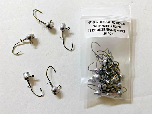 1/16oz Wedge Jig Head with wire keeper and #4 Bronze sickle hook 25 pcs