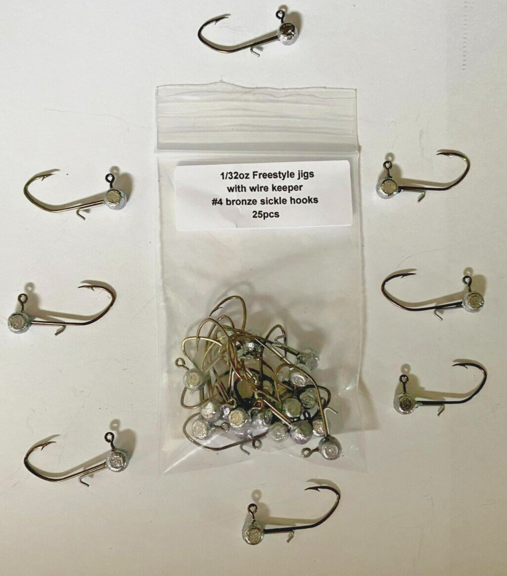 1/32oz with wire keeper freestyle jig heads with a #6 or #4 bronze sickle hooks 25 pcs