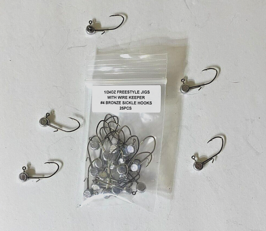 1/24oz with wire keeper freestyle jig heads with a #4 bronze sickle hooks 25 pcs