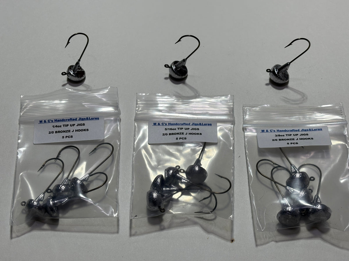 1/4oz, 5/16oz and 3/8oz tip up jigs with 2/0 Mustad hooks 5 per pack