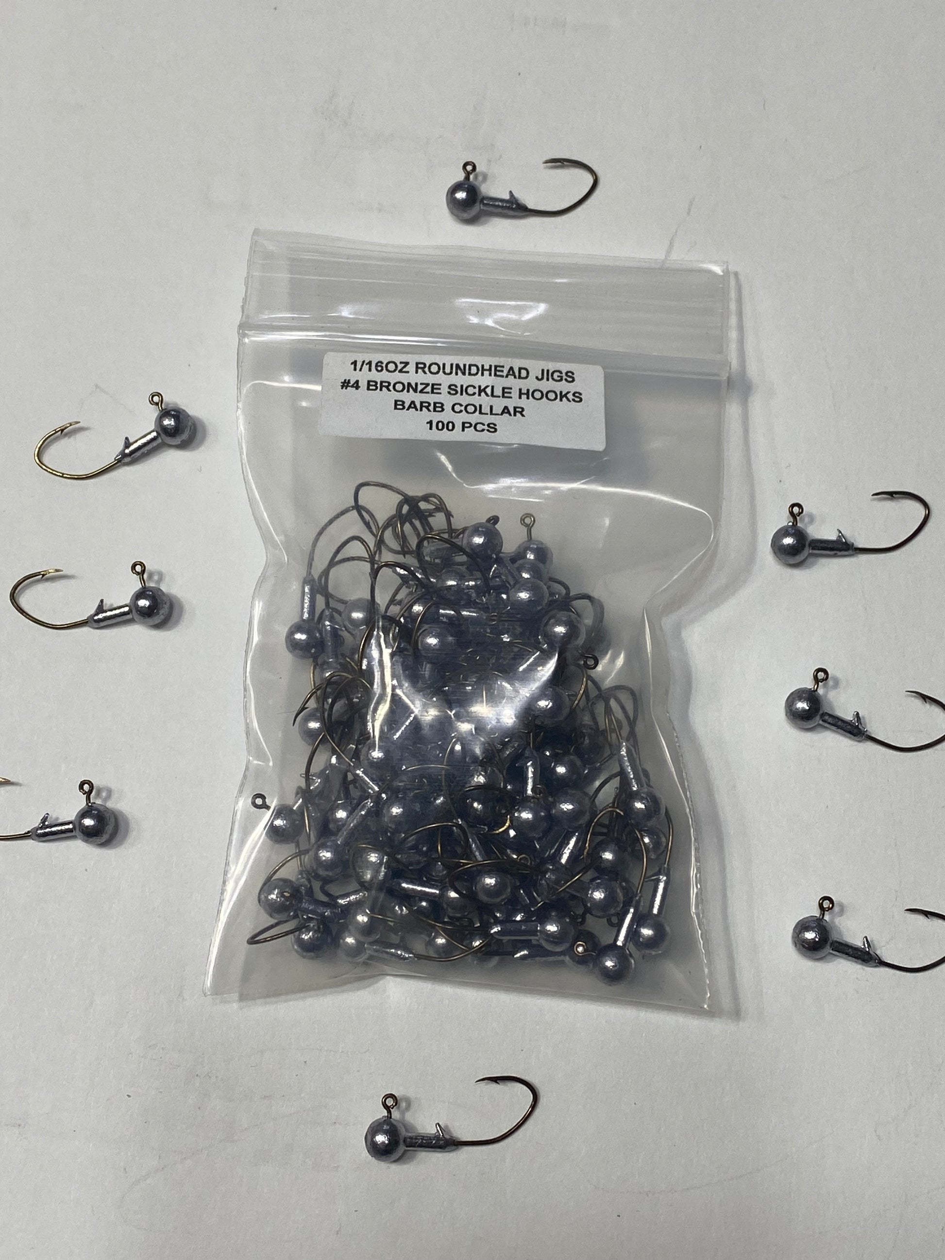 1/16oz Roundhead jig barb collar and #4 bronze sickle hook 100 pcs – M &  C's Handcrafted Jigs & Lures