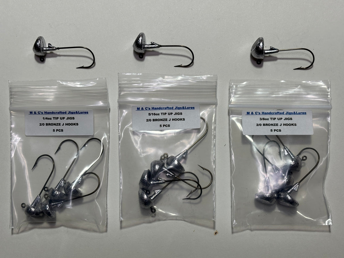 1/4oz, 5/16oz and 3/8oz tip up jigs with 2/0 Mustad hooks 5 per pack