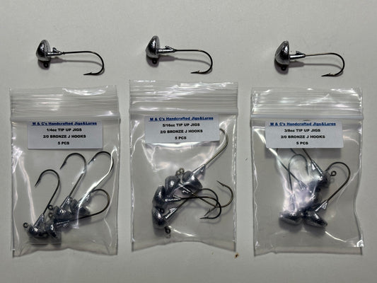 1/4oz, 5/16oz and 3/8oz tip up jigs with 2/0 Mustad hooks 5 per pack