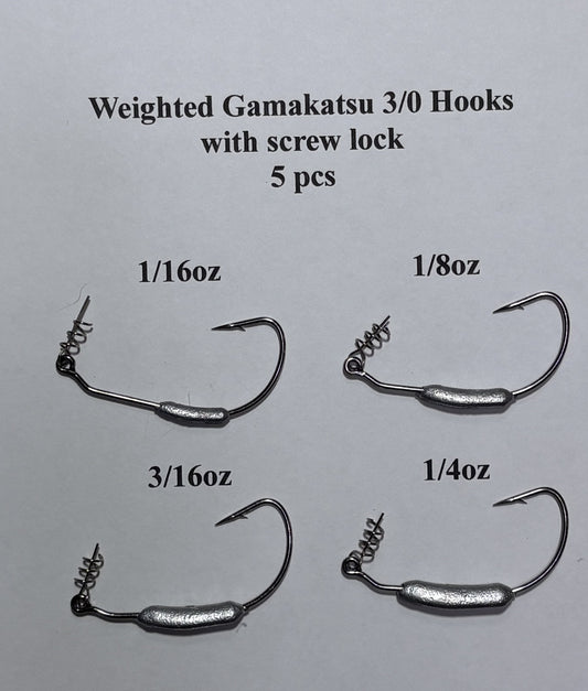 3/0, 4/0and 5/0 Gamakatsu weighted hooks with screw lock 5 per pack