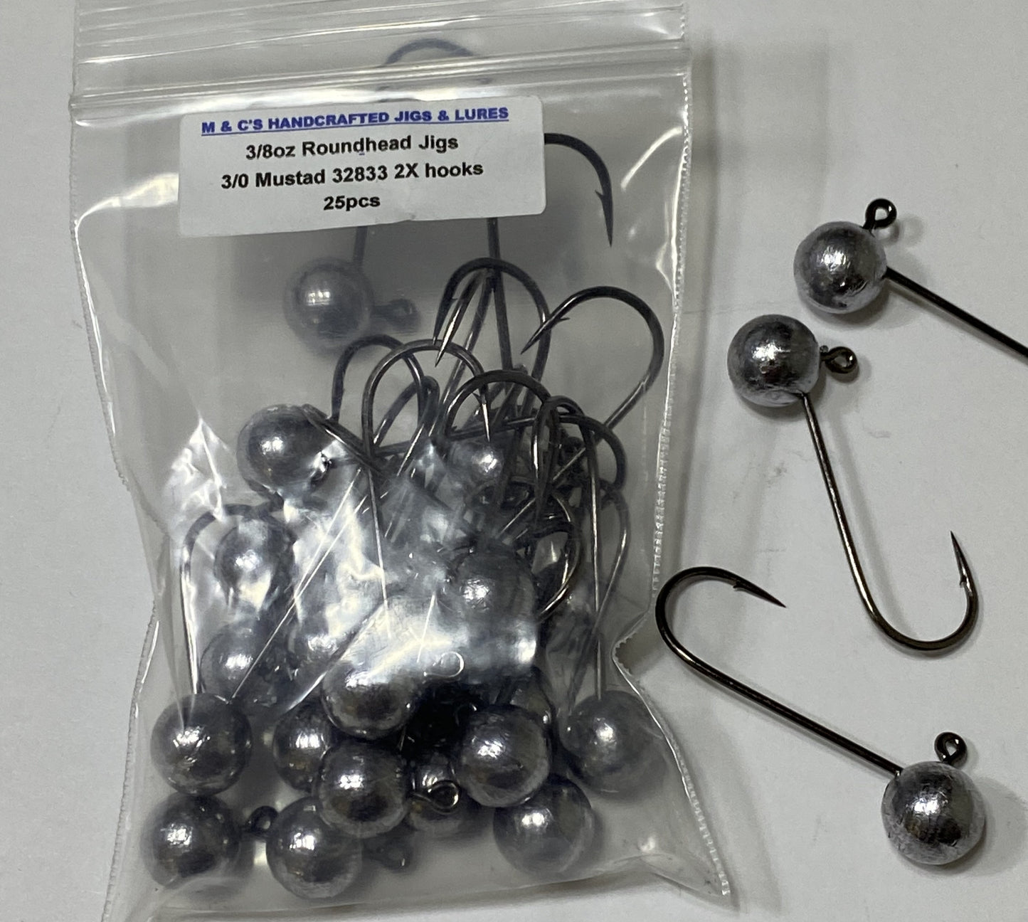 3/8oz or 1/2oz Roundhead No Collar Jigs with 3/0 2X Mustad 32833 hooks