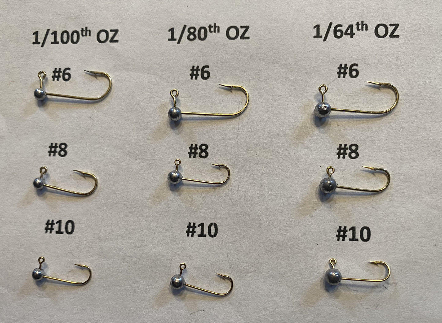 1/64oz, 1/80oz and 1/100oz Micro Round Head jigs 3 different size gold hooks