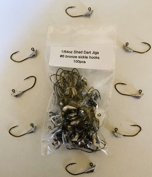 100pcs unpainted Shad Dart jigs 1/64oz, 1/32,1/20, 1/16oz, and 1/8oz weights Hook sizes vary on weight bronze sickle hook.