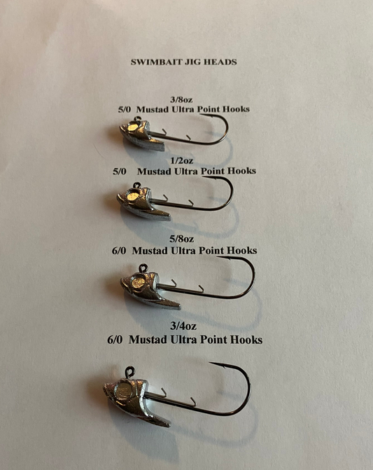 3pcs Swimbait Jig Heads with Mustad ultra point hooks sizes 3/8oz,1/2oz,5/8oz, and3/4oz