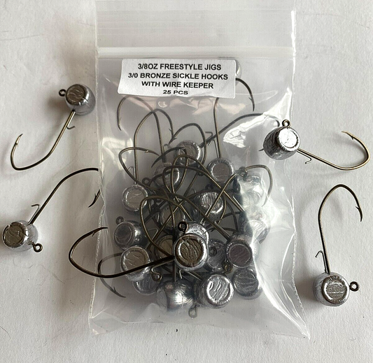 3/8 oz with wire keeper freestyle jig heads with a 3/0 bronze sickle hooks 25 pcs