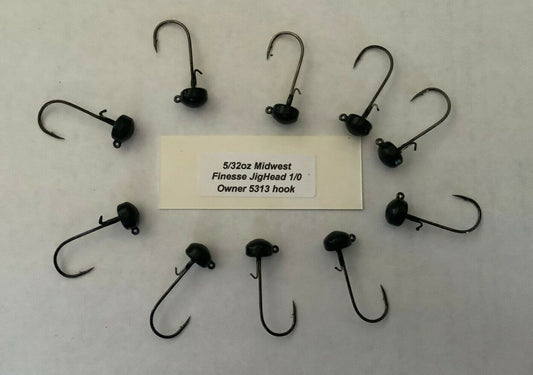 5/32 oz Black Ned Midwest Rig/Finesse Jig head 10PK  With Strong 1/0 Owner 5313 Hook