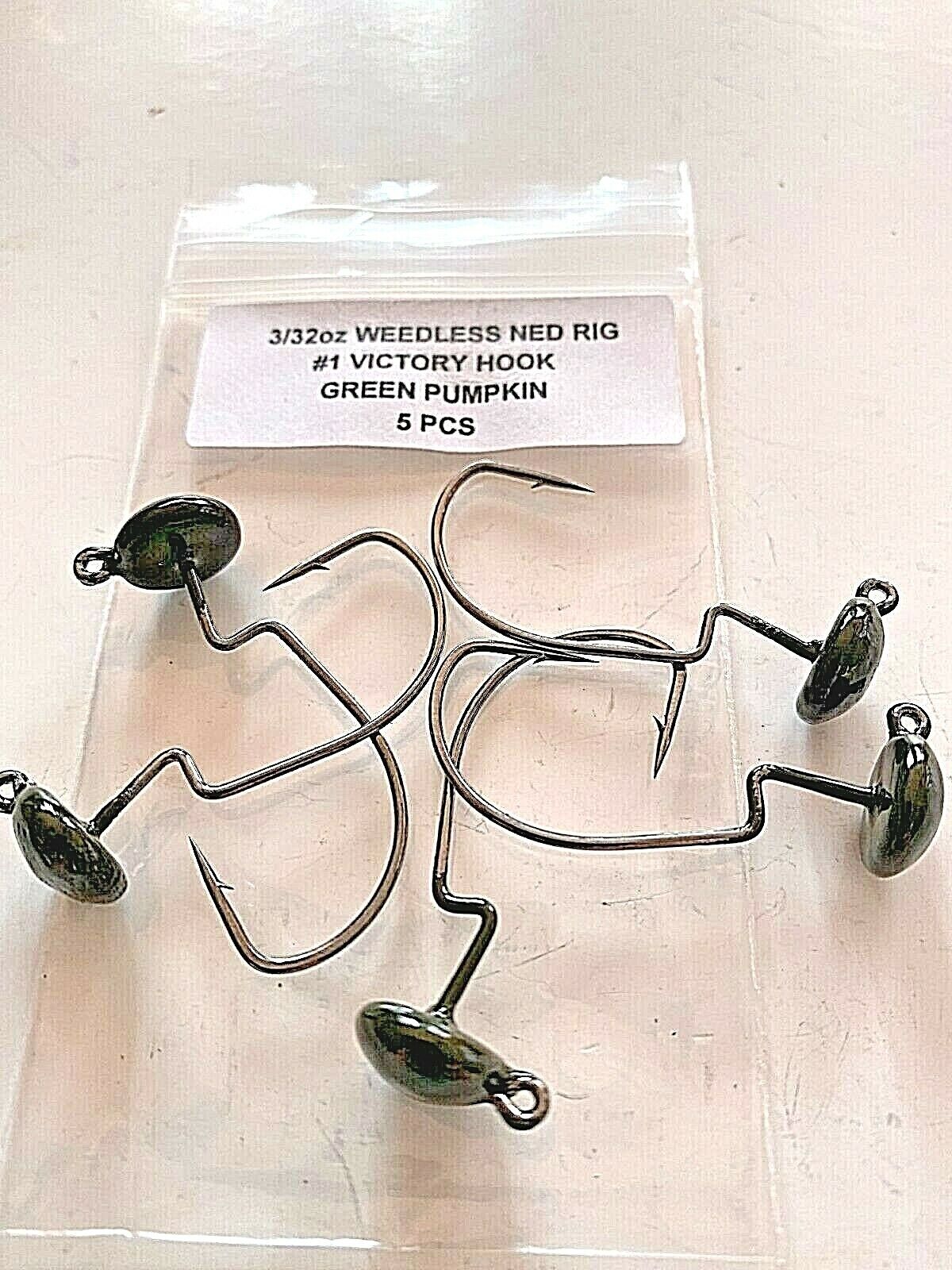 Weedless Ned Rig Style Jig Head, Green Pumpkin or Black Rig#1 Victory Hooks 5 pcs